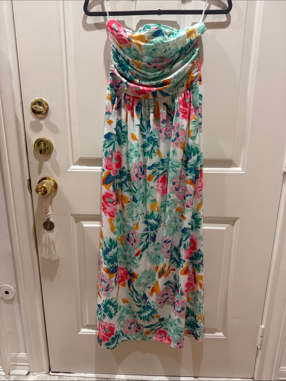 Grace Karin Floral Strapless Maxi Skirt - White with Pink & Teal Print